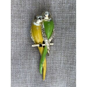 Vintage Lovebirds Parrot Brooch Pin Gold Tone Enamel Green Yellow Bird Tropical